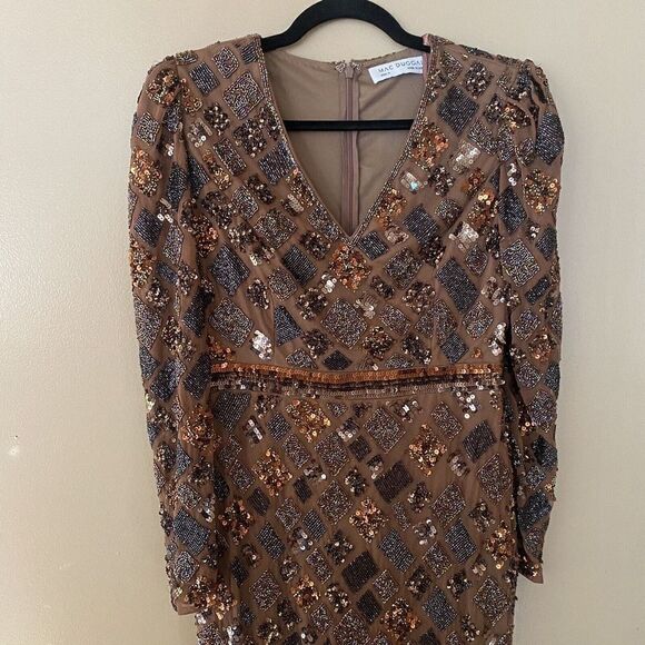 Mac Duggal Sz 4 Brown Chocolate Beaded Geometric Sheath Cocktail Evening Dress - Picture 10 of 12